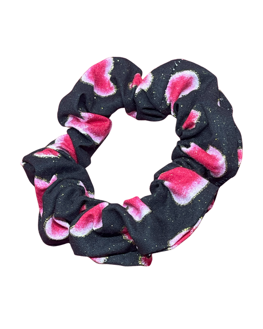 Skinny black scrunchie with pink hearts