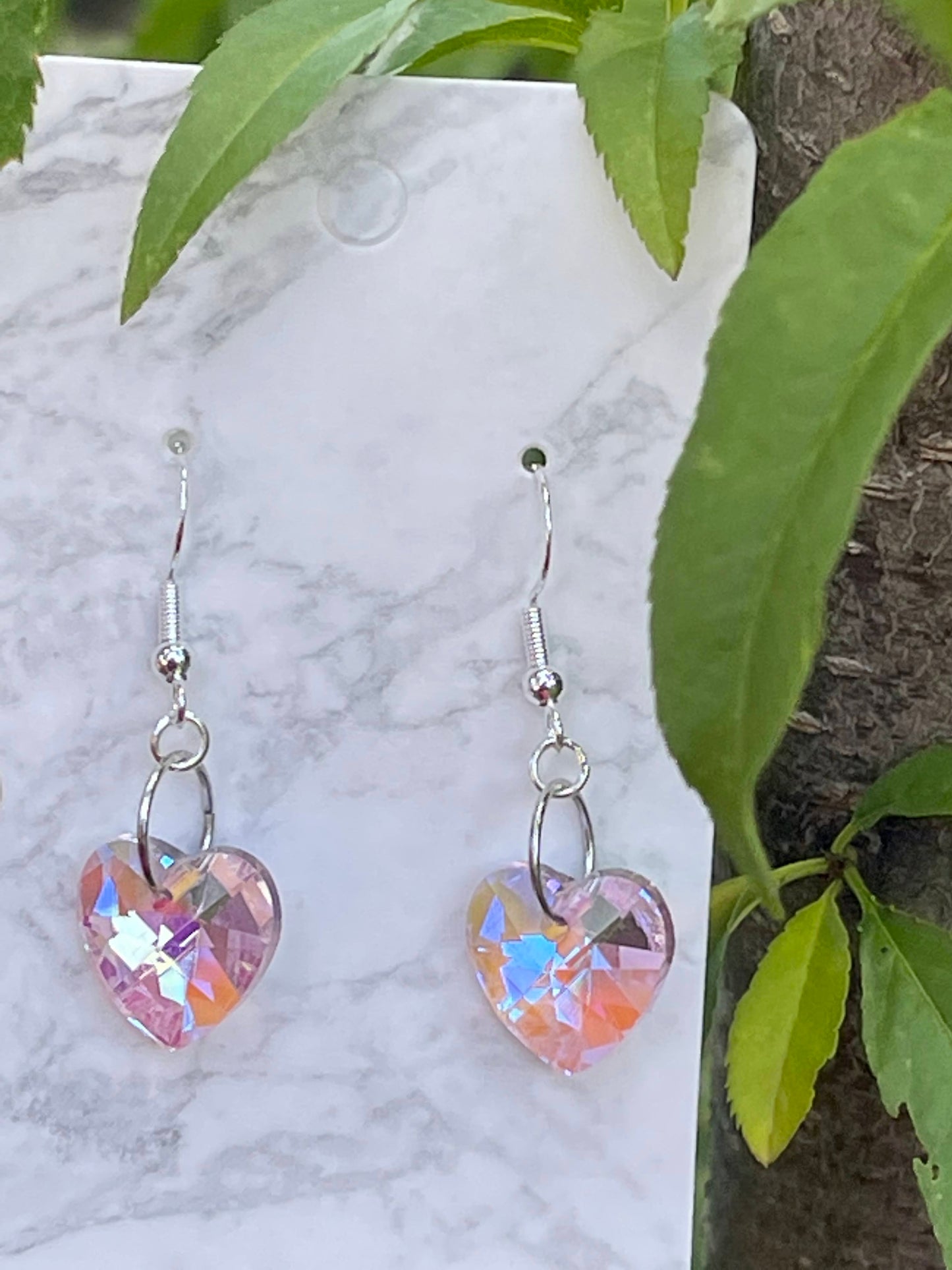 Pink Glass AB Heart Earrings