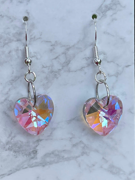 Pink Glass AB Heart Earrings