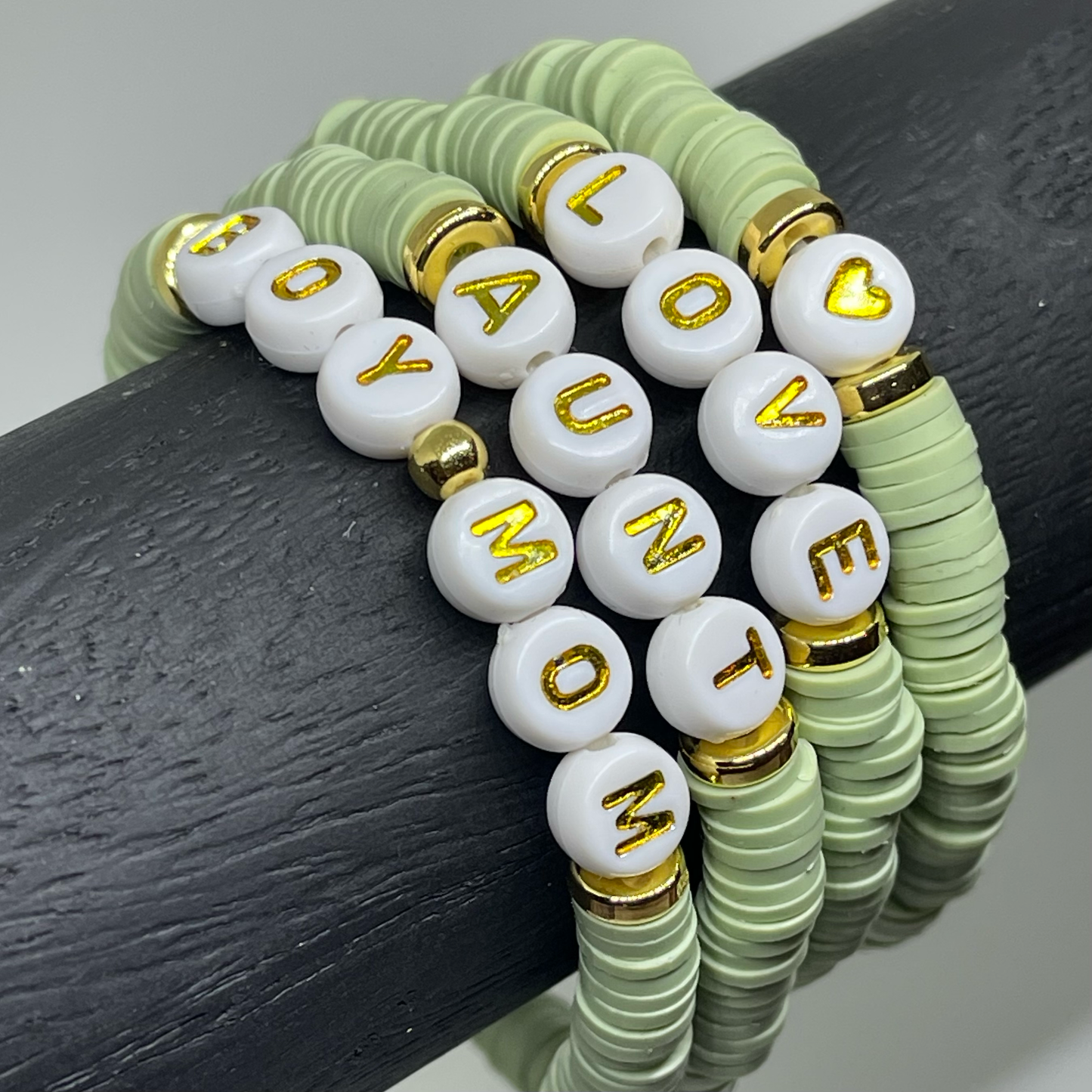 personalized name bracelet with custom word green polymer clay beaded bracelet white with gold beaded bracelet 