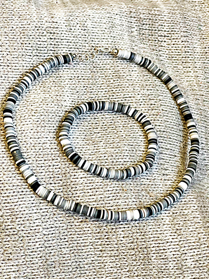 Chickadee Black White Gray Heishi Set Necklace Bracelet