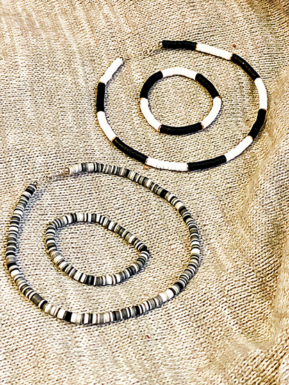 Marble Black & White Duo Heishi Bracelet & Necklace Set