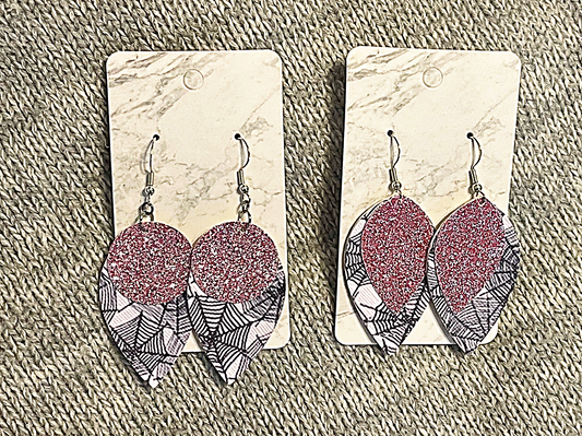 Pink Glitter Spiderweb Faux Leather Halloween Earrings