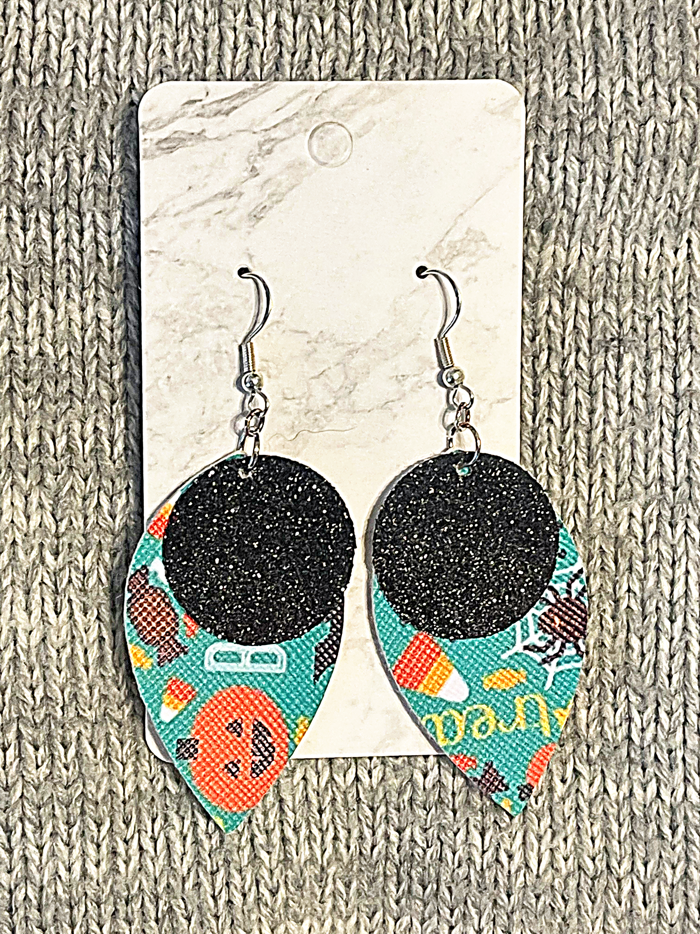 Teal Trick or Treat Halloween Faux Leather Earrings