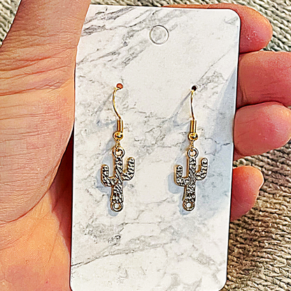 Gold Metal Cactus .925 Sterling Gold Earrings