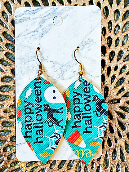 Teal Trick or Treat Halloween Faux Leather Earrings