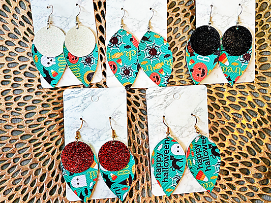 Teal Trick or Treat Halloween Faux Leather Earrings