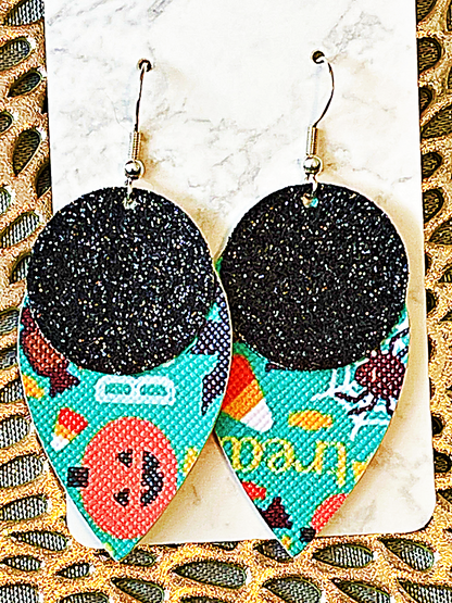 Teal Trick or Treat Halloween Faux Leather Earrings