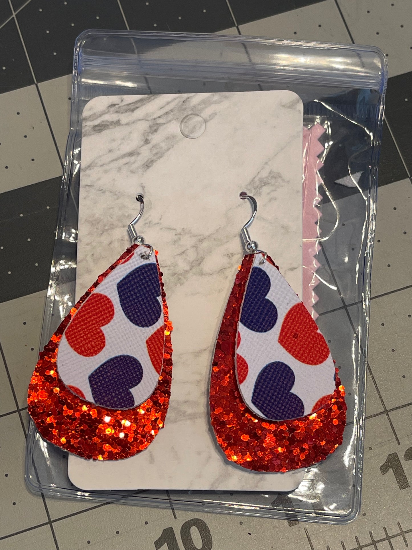 4th of July Faux Leather earrings- Teardrop red glitter with hearts