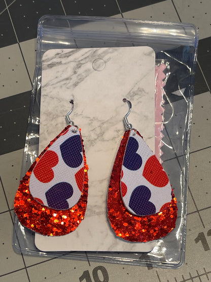 4th of July Faux Leather earrings- Teardrop red glitter with hearts