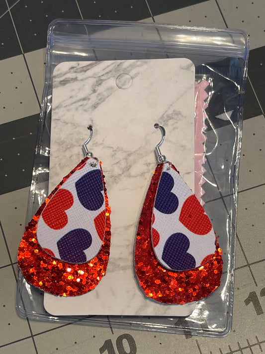 4th of July Faux Leather earrings- Teardrop red glitter with hearts
