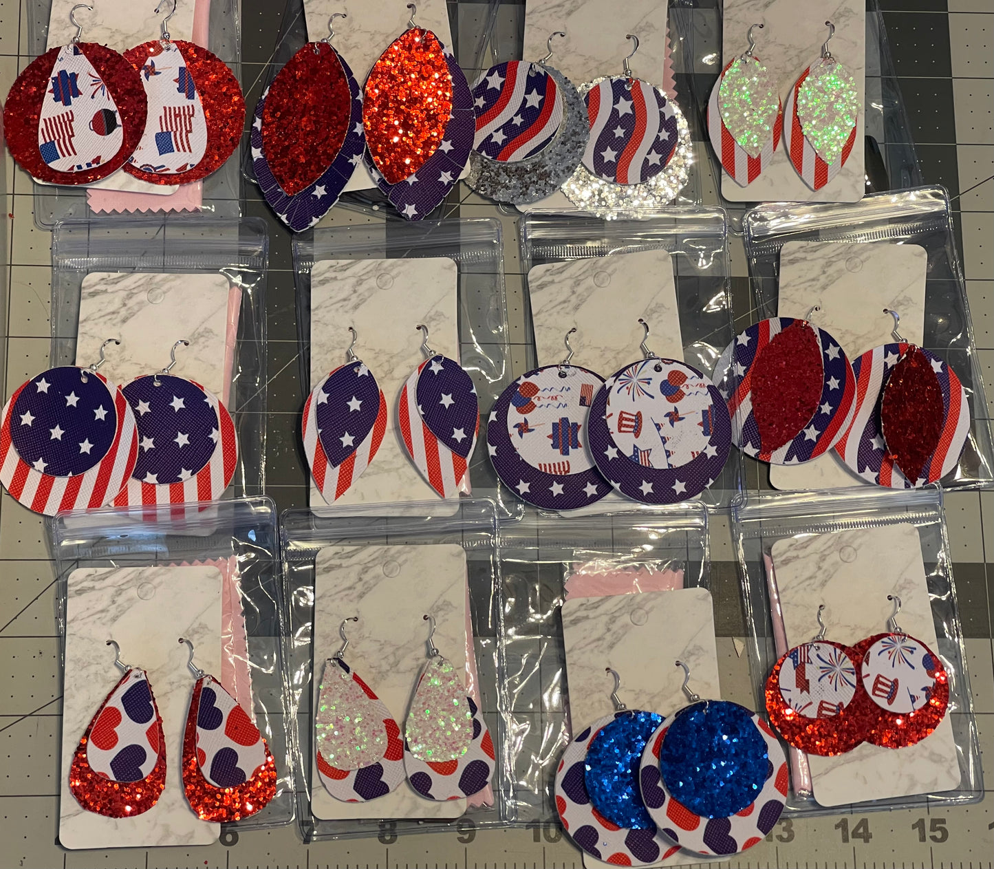 4th of July Faux leather earrings- Small circle red glitter with 4th decor