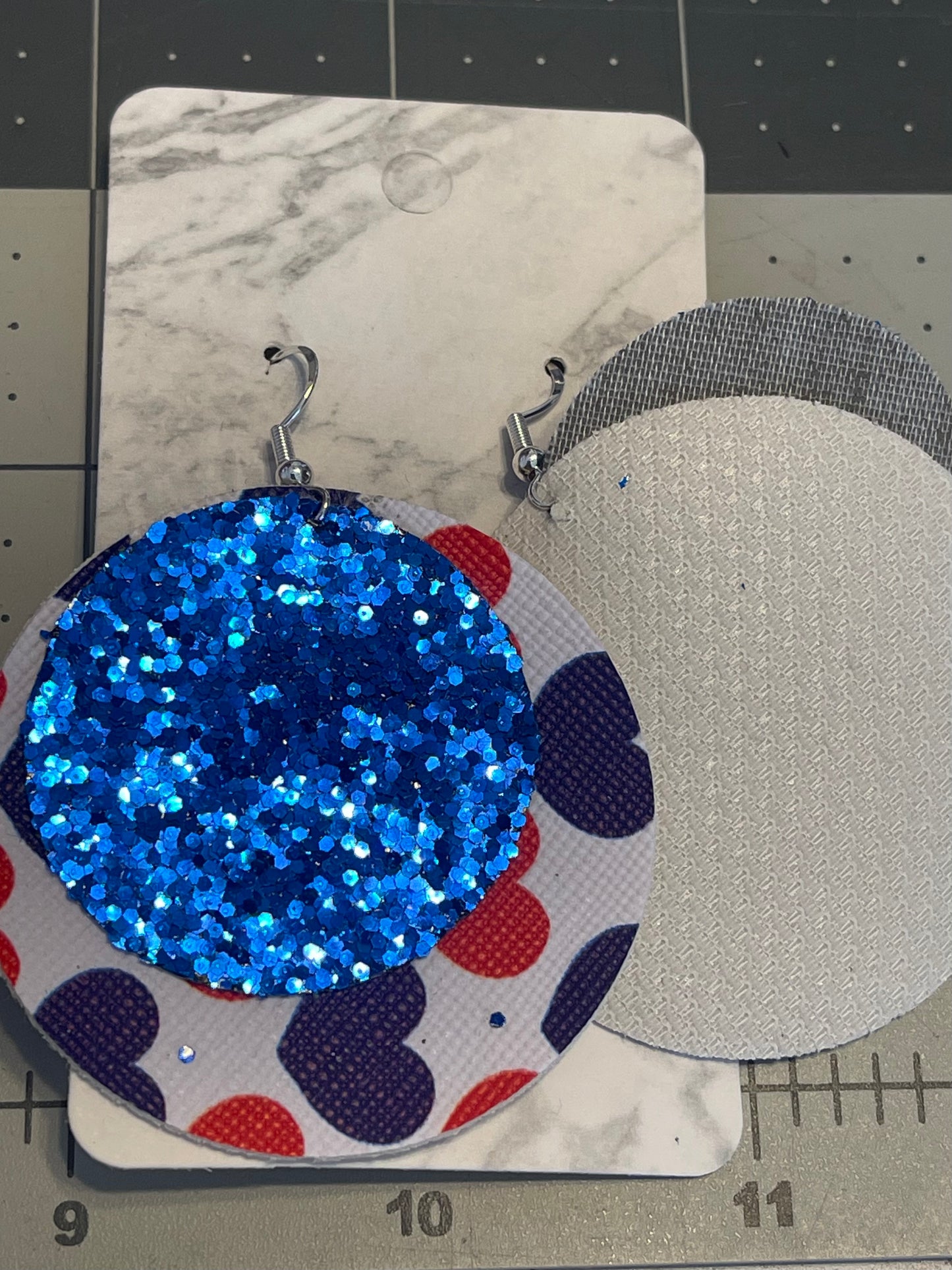 4th of July Faux Leather Earrings- Big circle Stars and Stripes with red glitter leaf