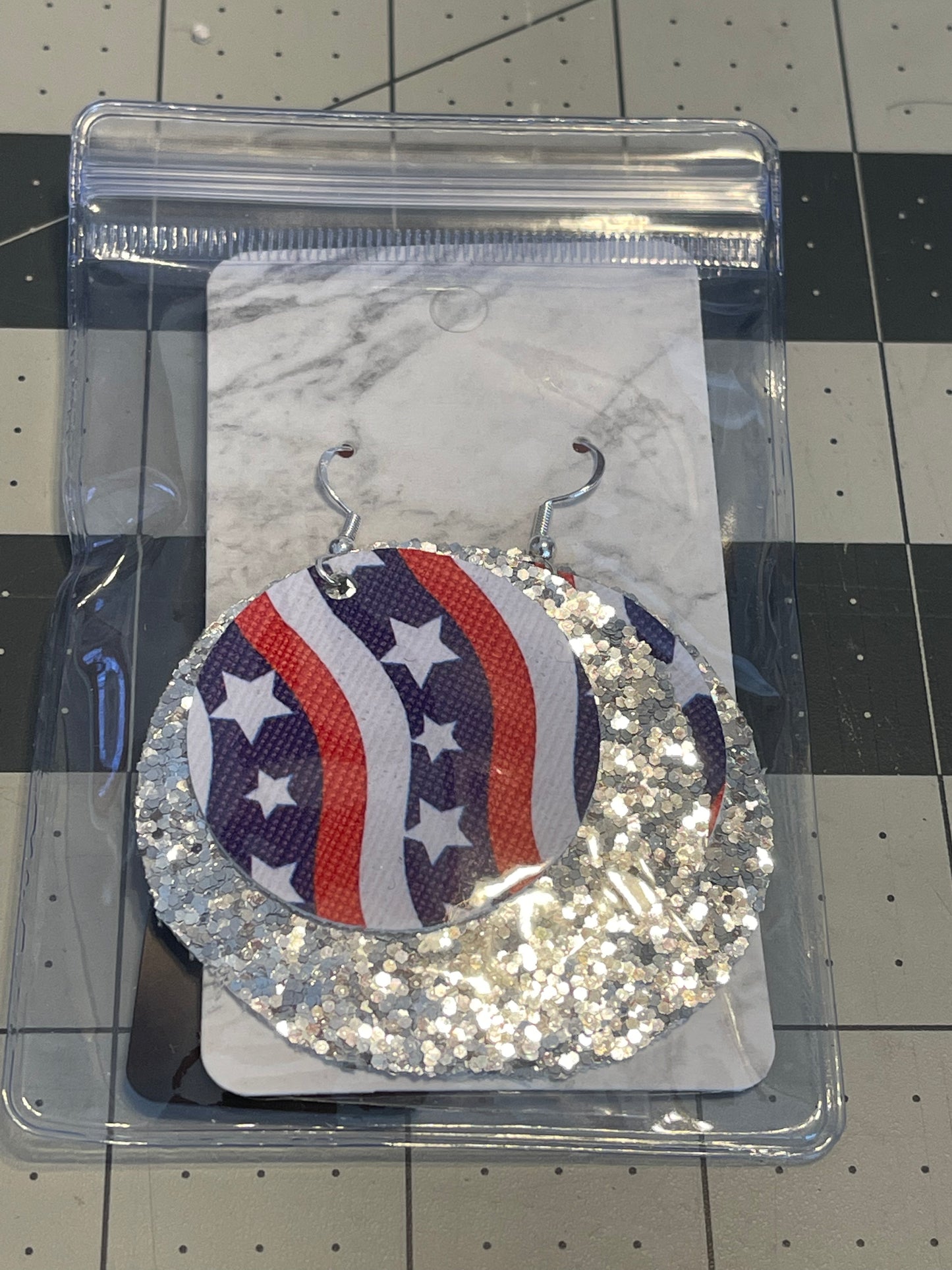 Faux Leather 4th of July Earrings- Large Circle Silver Glitter with Stars and Stripes