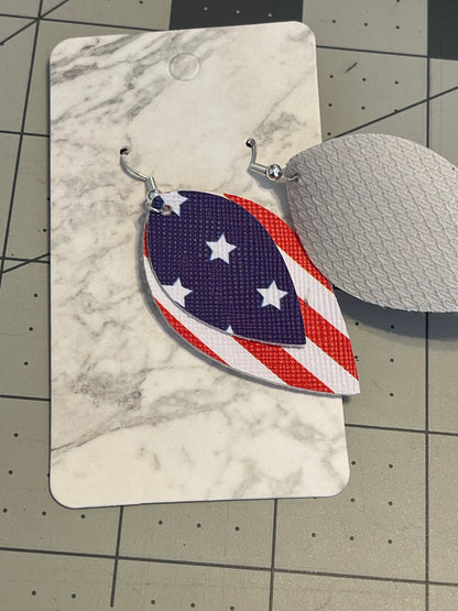 4th of July Faux Leather Earrings- Big circle Stars and Stripes with red glitter leaf