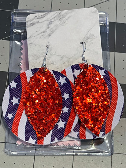 4th of July Faux Leather Earrings- Big circle Stars and Stripes with red glitter leaf