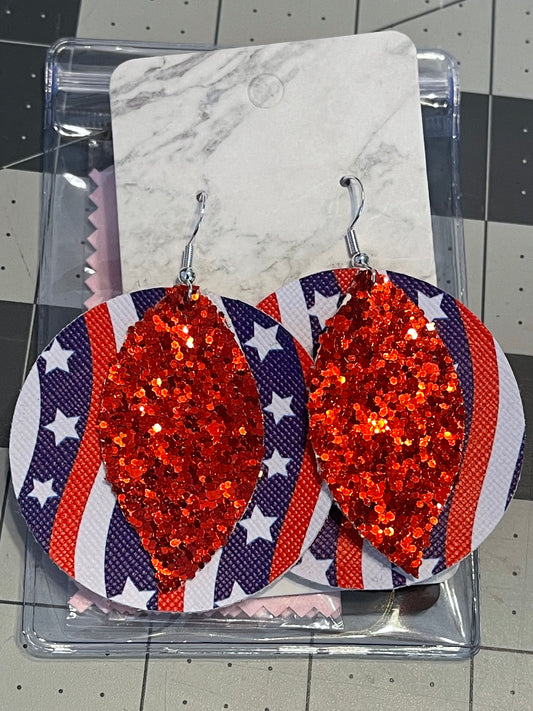 4th of July Faux Leather Earrings- Big circle Stars and Stripes with red glitter leaf