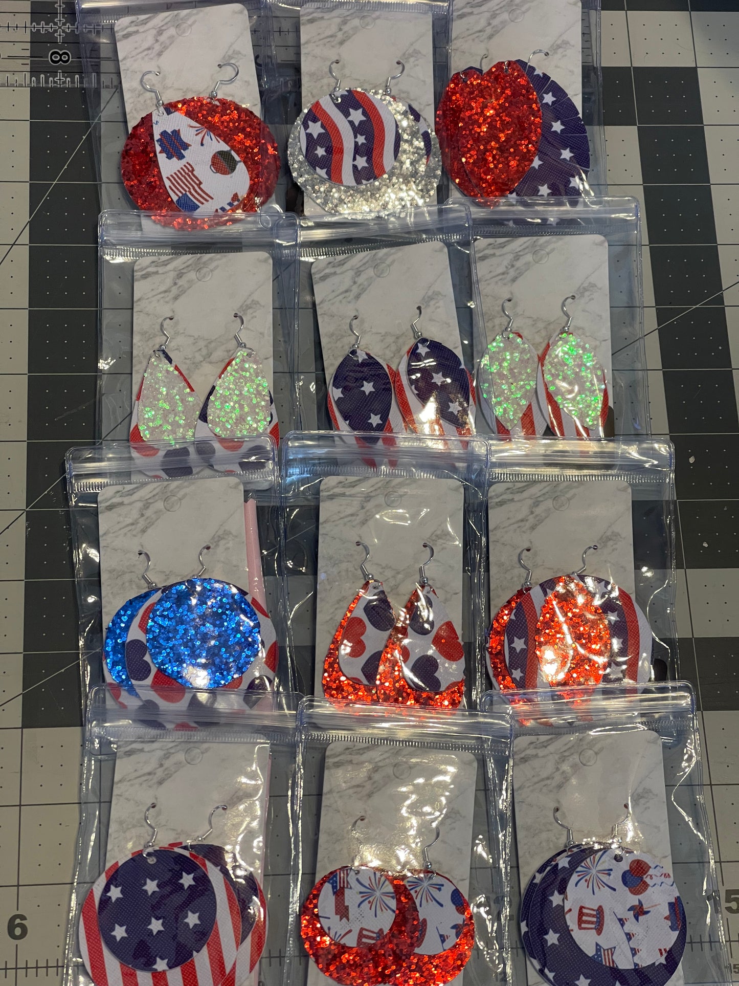 Faux Leather 4th of July Earrings- Large Circle Silver Glitter with Stars and Stripes
