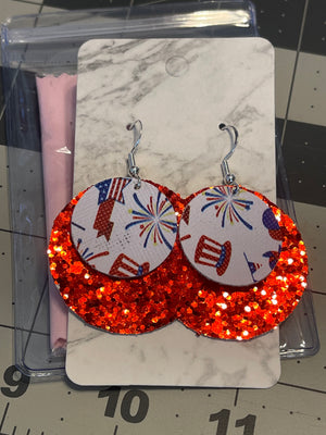 4th of July Faux leather earrings- Small circle red glitter with 4th decor