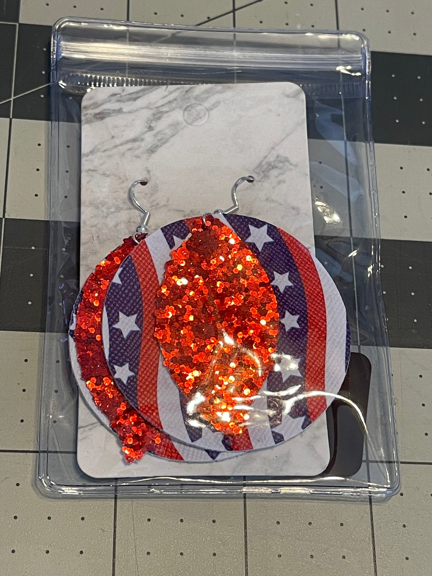 4th of July Faux Leather Earrings- Big circle Stars and Stripes with red glitter leaf