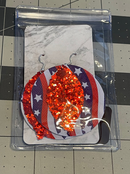 4th of July Faux Leather Earrings- Big circle Stars and Stripes with red glitter leaf