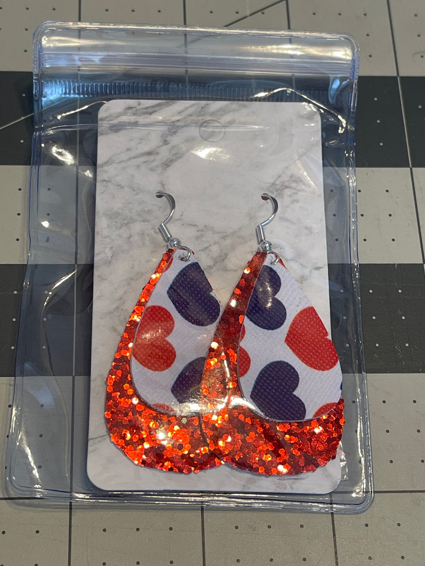 4th of July Faux Leather earrings- Teardrop red glitter with hearts
