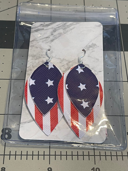 4th of July Faux Leather earrings- Leaf stripes with stars