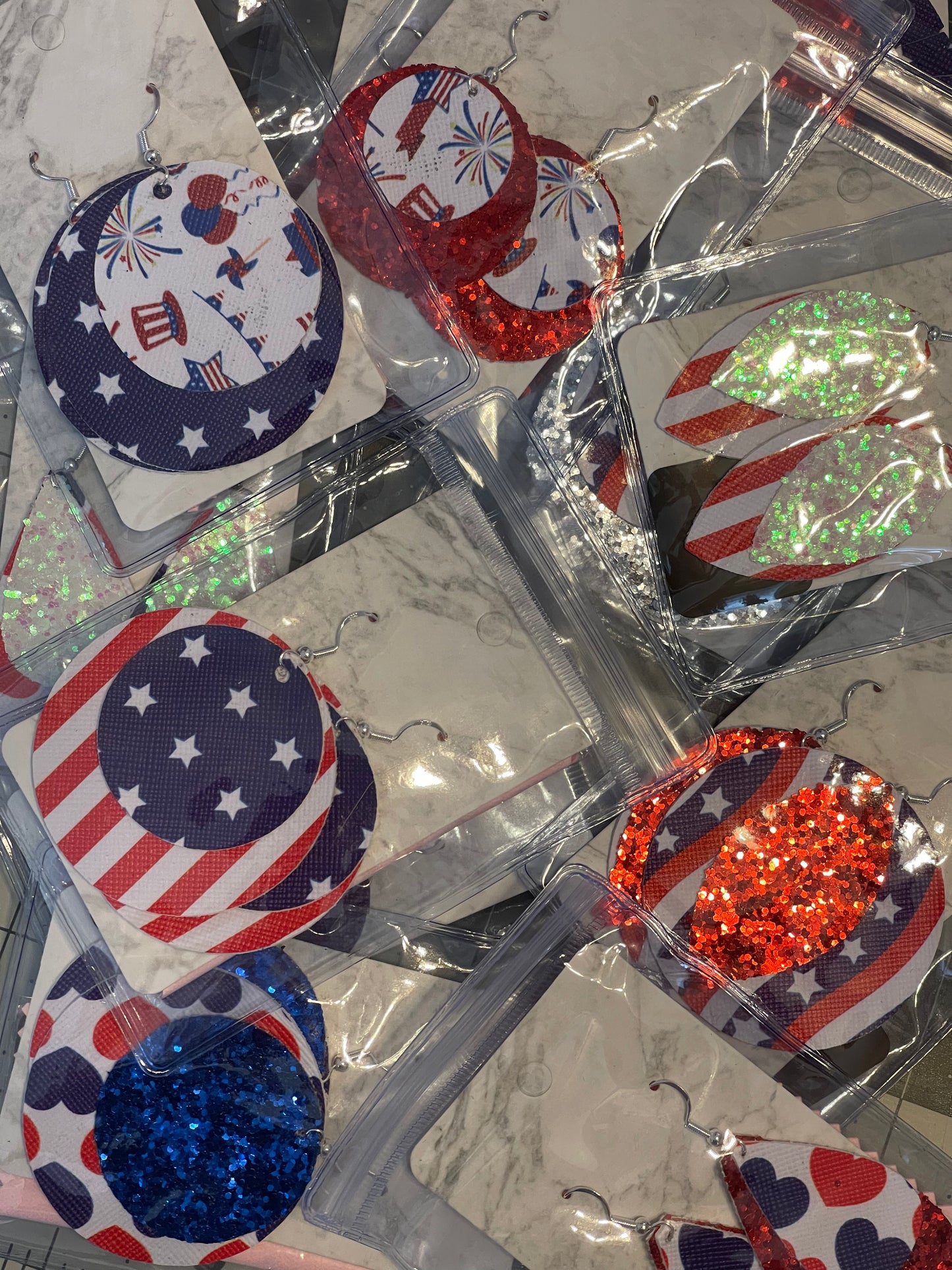 Faux Leather 4th of July Earrings- Large Circle Silver Glitter with Stars and Stripes
