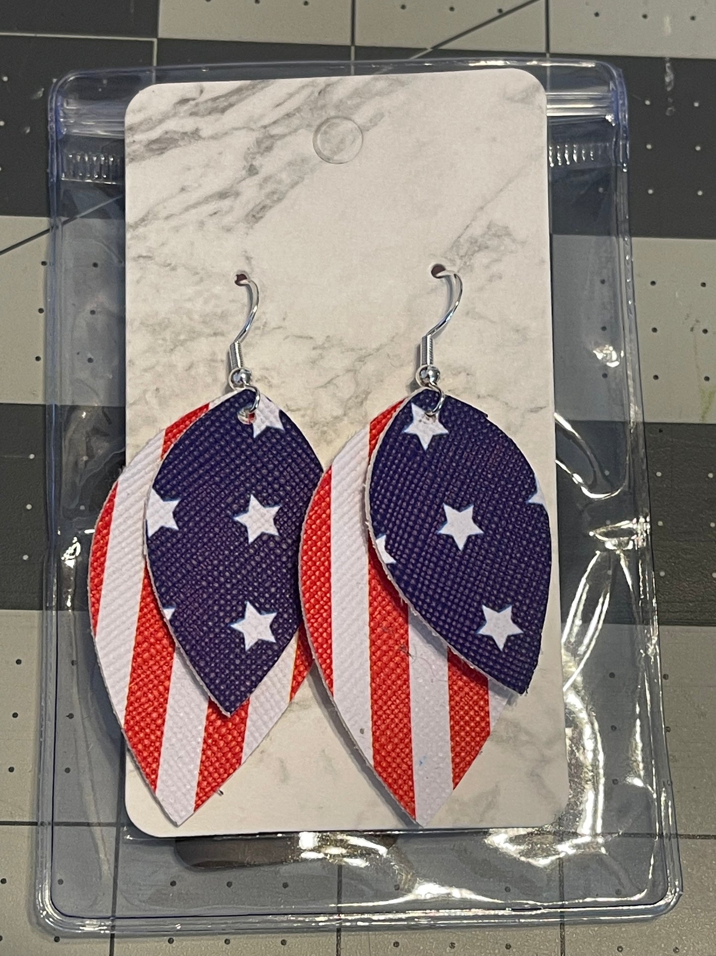 4th of July Faux Leather earrings- Leaf stripes with stars