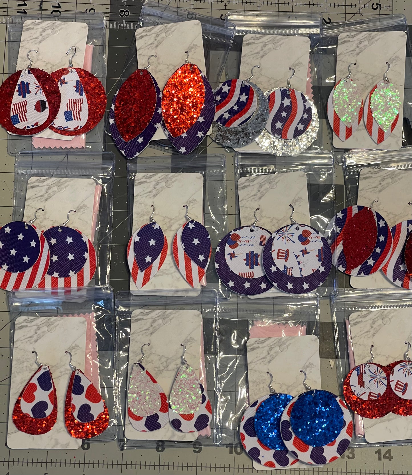 4th of July Faux leather earrings- Small circle red glitter with 4th decor