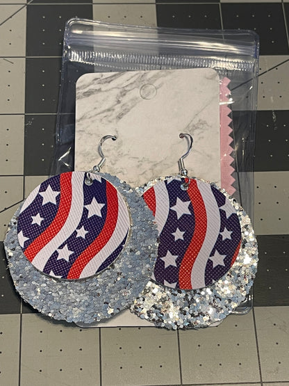 Faux Leather 4th of July Earrings- Large Circle Silver Glitter with Stars and Stripes