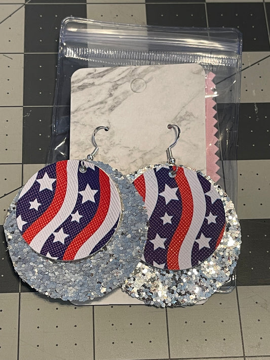 Faux Leather 4th of July Earrings- Large Circle Silver Glitter with Stars and Stripes
