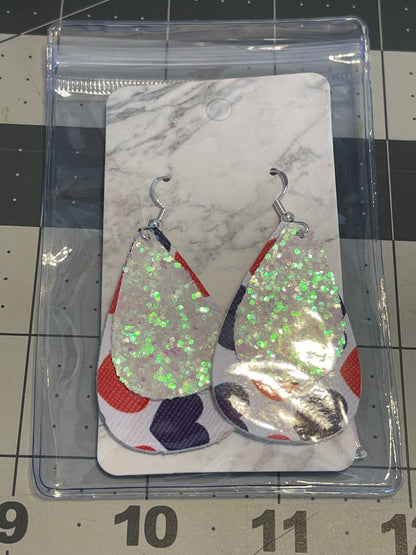 4th of July Faux Leather earrings- teardrop hearts with pink shimmer glitter