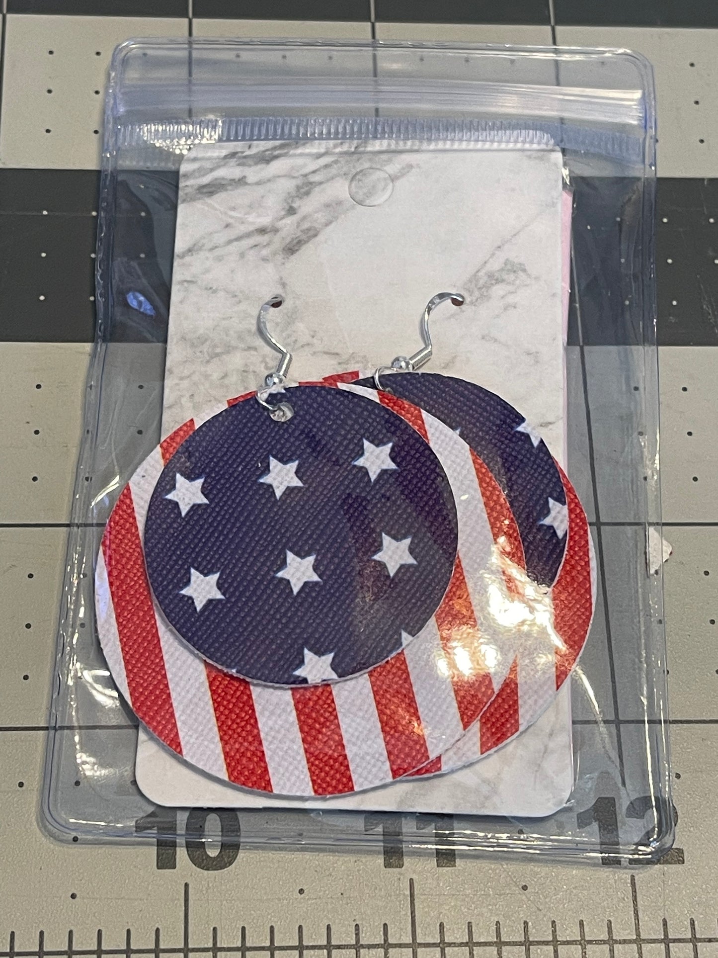 Faux Leather 4th of July Earrings- Big circle stripes with stars