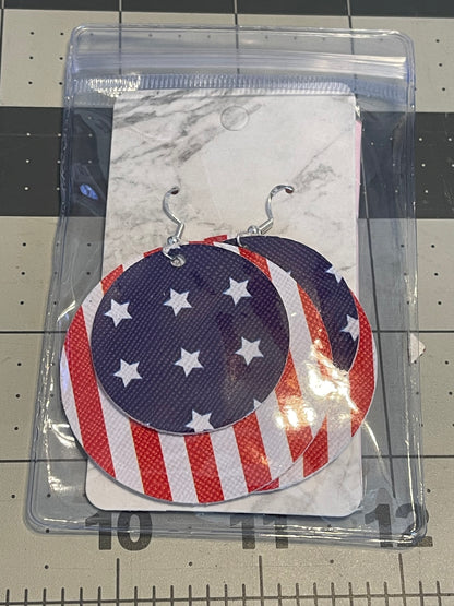 Faux Leather 4th of July Earrings- Big circle stripes with stars
