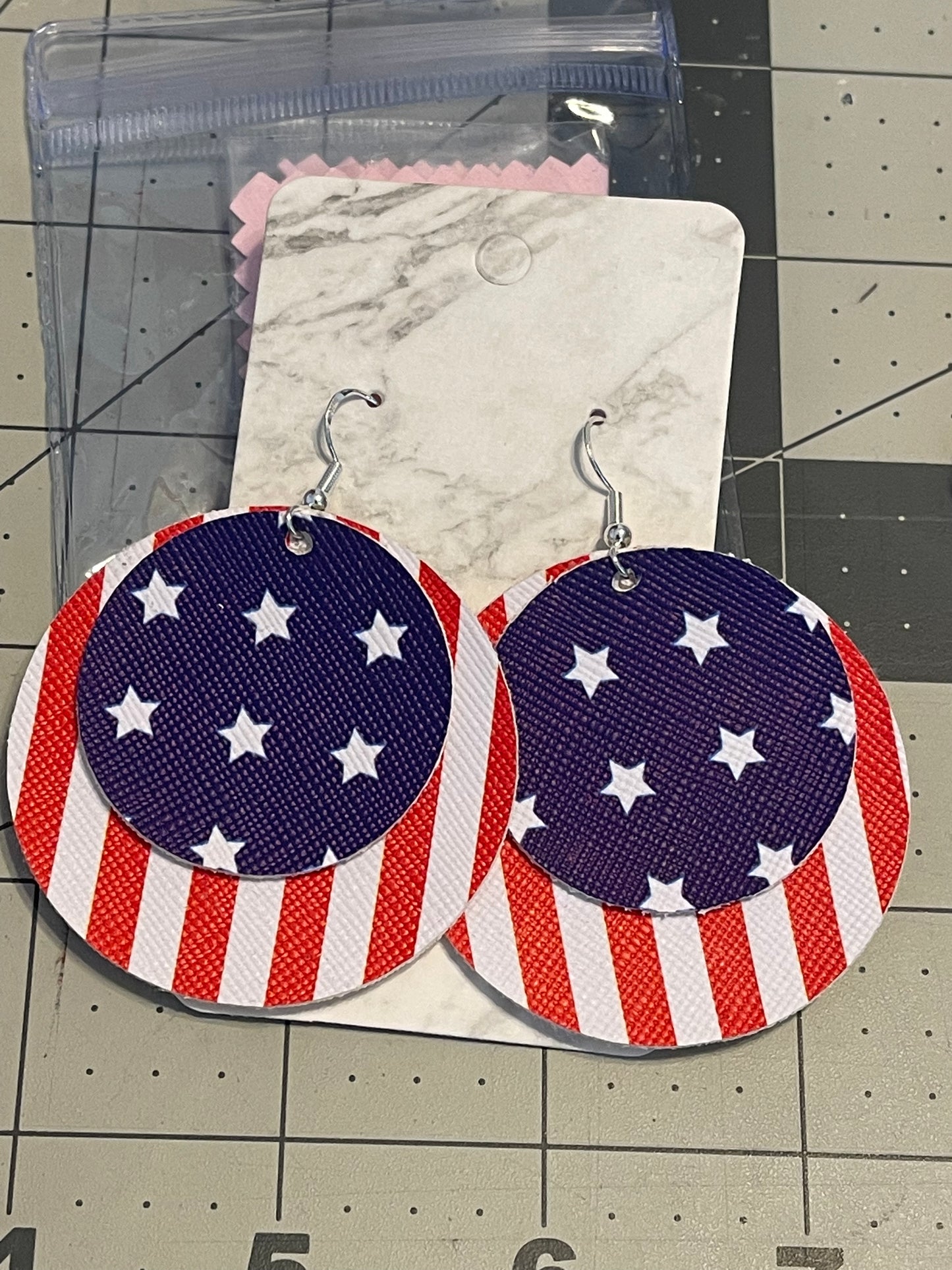 Faux Leather 4th of July Earrings- Big circle stripes with stars