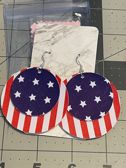 Faux Leather 4th of July Earrings- Big circle stripes with stars