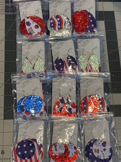 Faux Leather 4th of July Earrings- Big circle stripes with stars