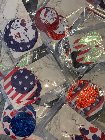Faux Leather 4th of July Earrings- Big circle stripes with stars
