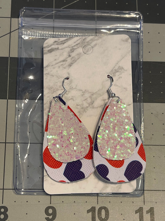 4th of July Faux Leather earrings- teardrop hearts with pink shimmer glitter