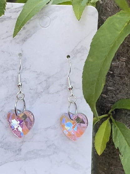 Pink Glass AB Heart Earrings