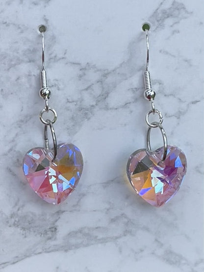 Pink Glass AB Heart Earrings