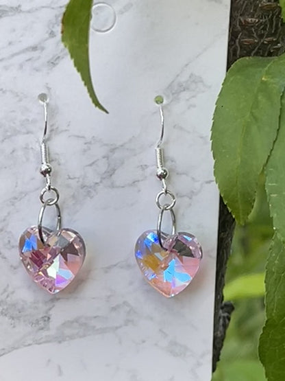 Pink Glass AB Heart Earrings