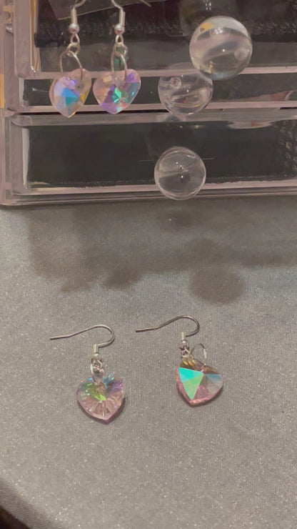 Pink Glass AB Heart Earrings