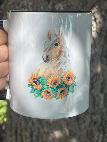 Horse with sunflowers 11 oz coffee cup