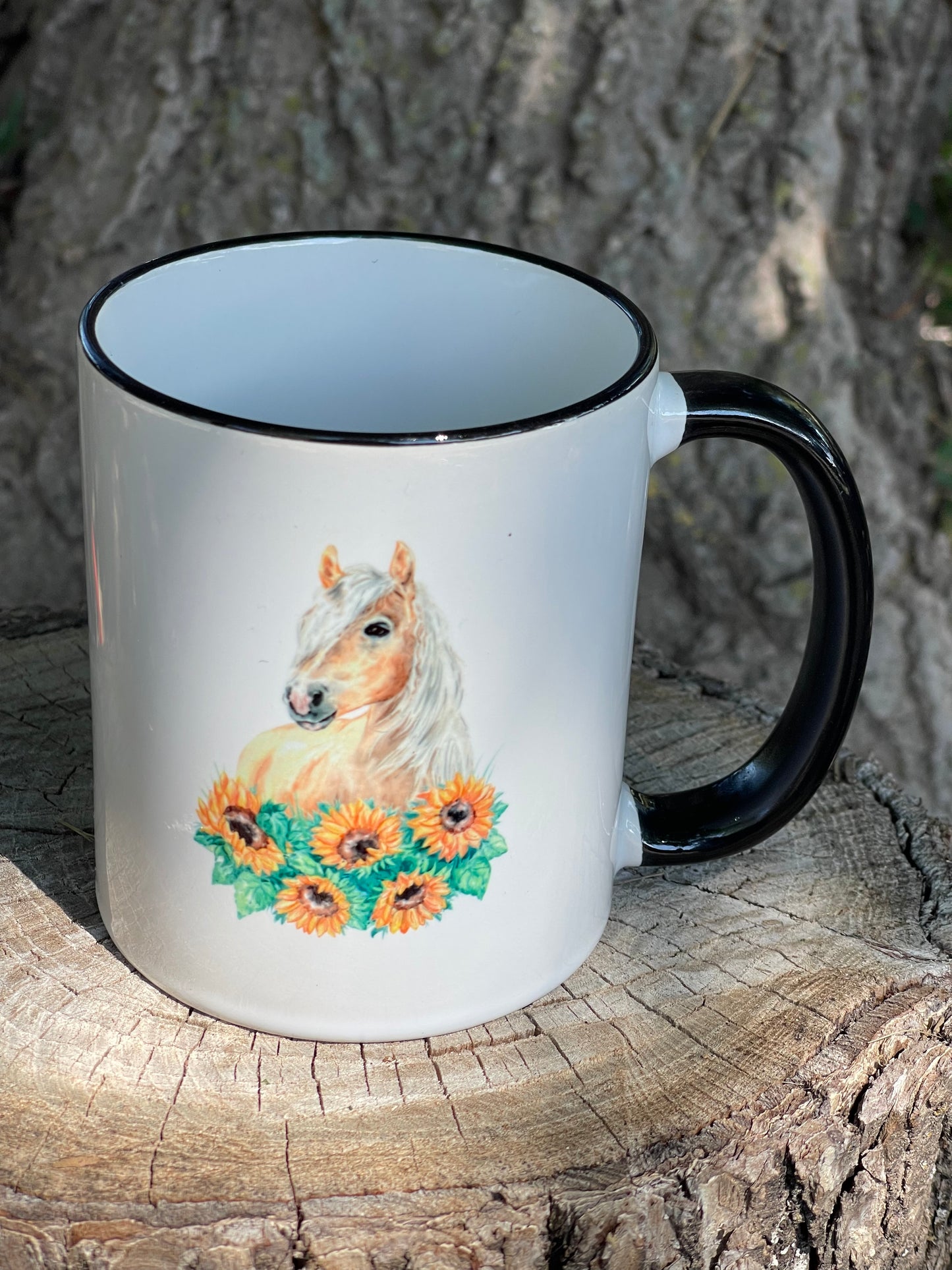 Horse with sunflowers 11 oz coffee cup