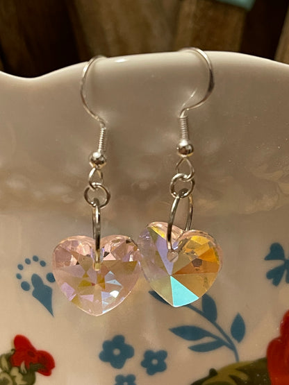 Pink Glass AB Heart Earrings