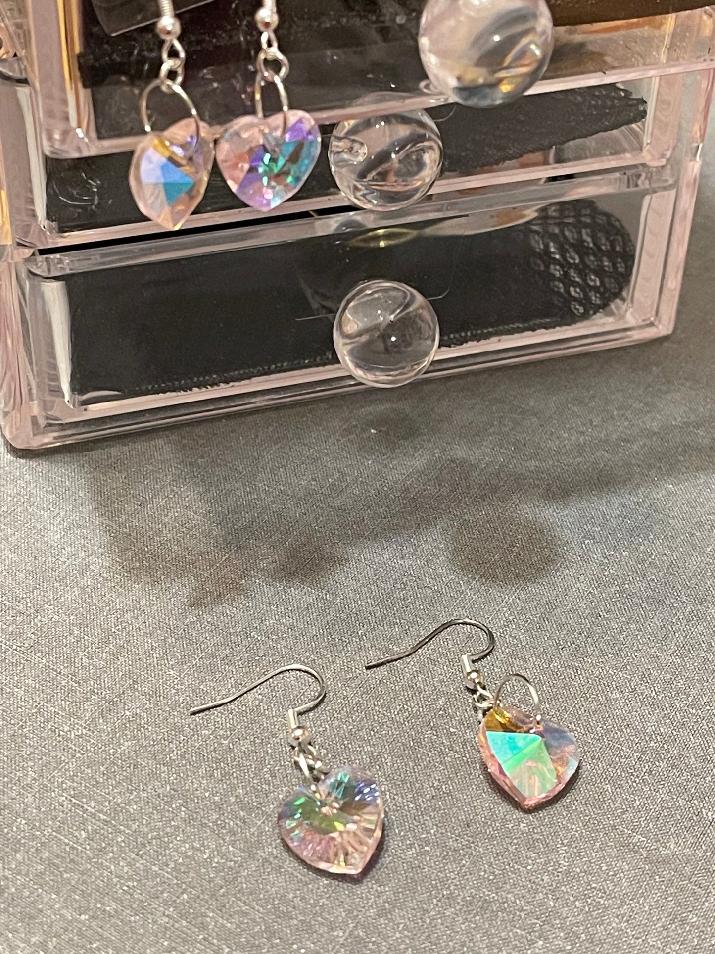 Pink Glass AB Heart Earrings