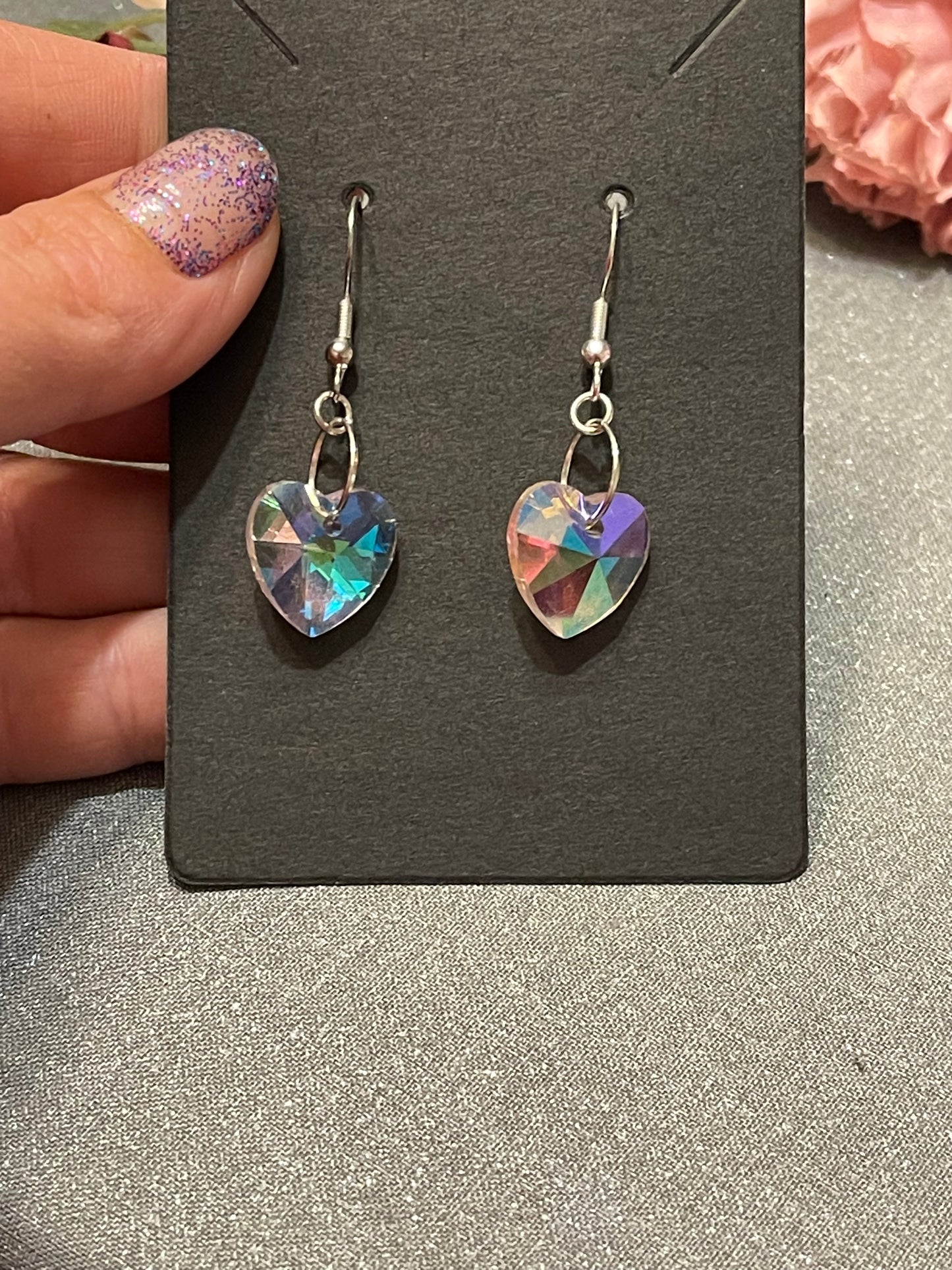 Pink Glass AB Heart Earrings